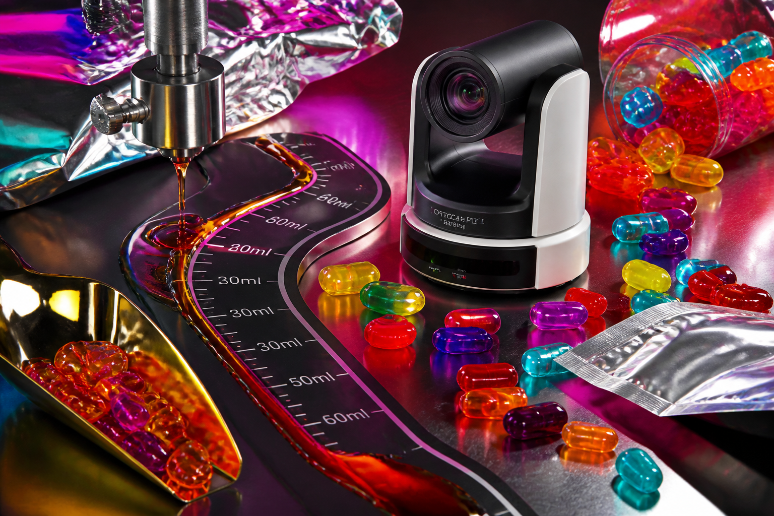 PTZ camera body among syrup paths, foil folds and neon capsules on a glossy production table