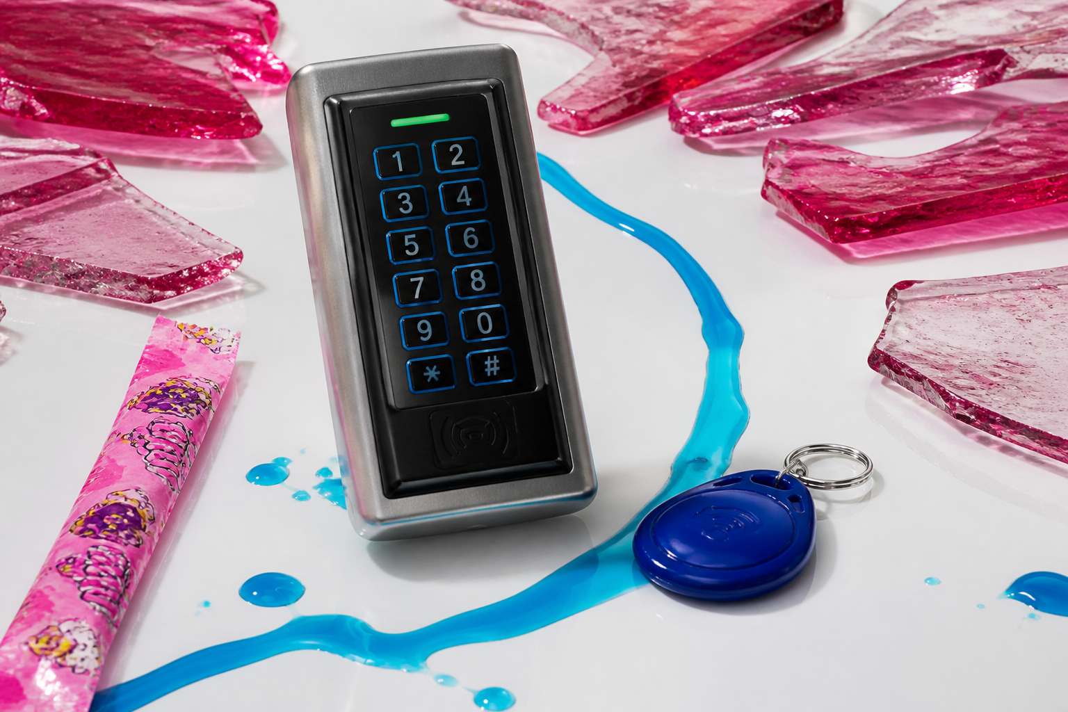 Access keypad and fob among sugar-glass slabs and a wrapper strip