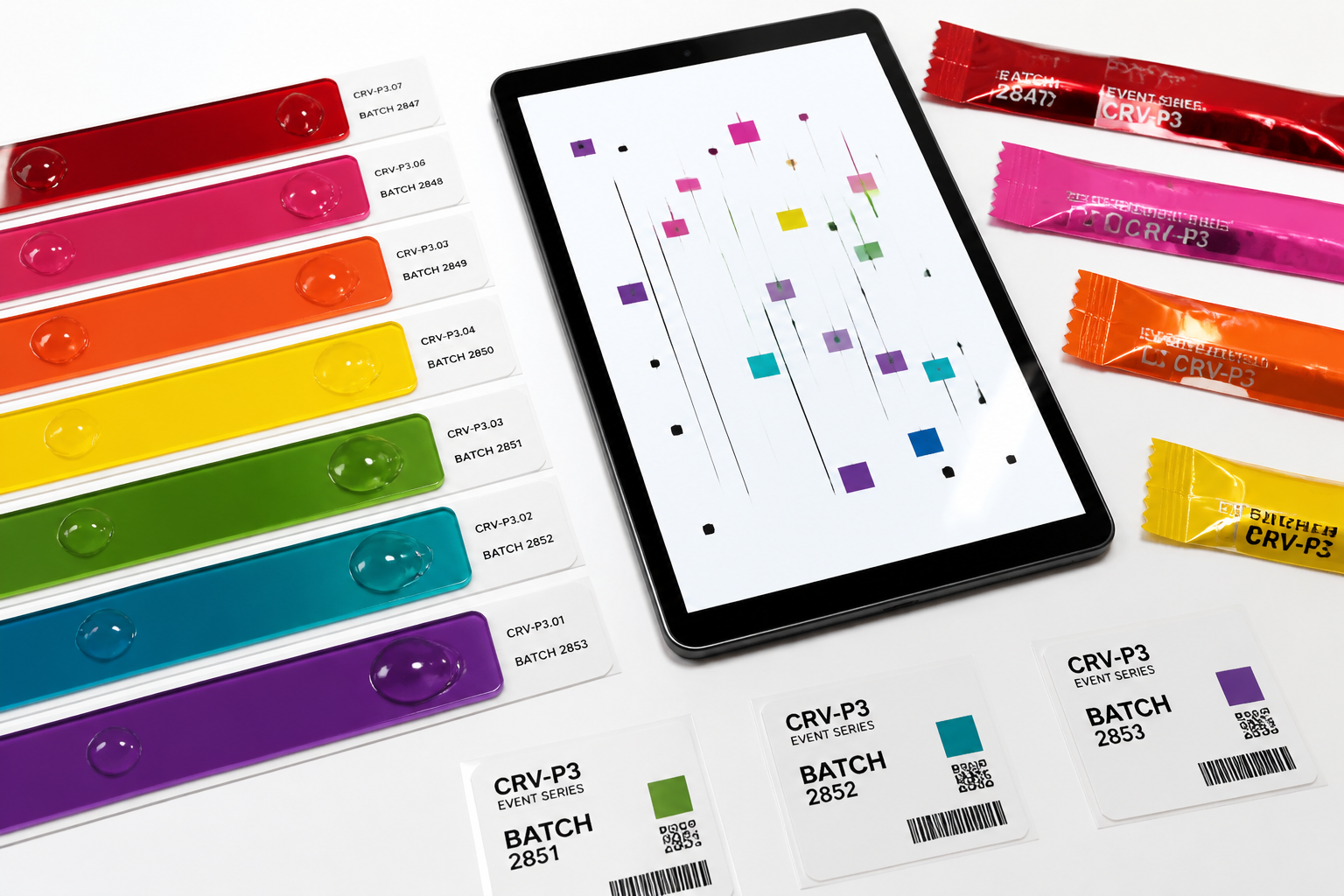 Abstract analytics colour bars on sugar-glass overlays with batch stickers