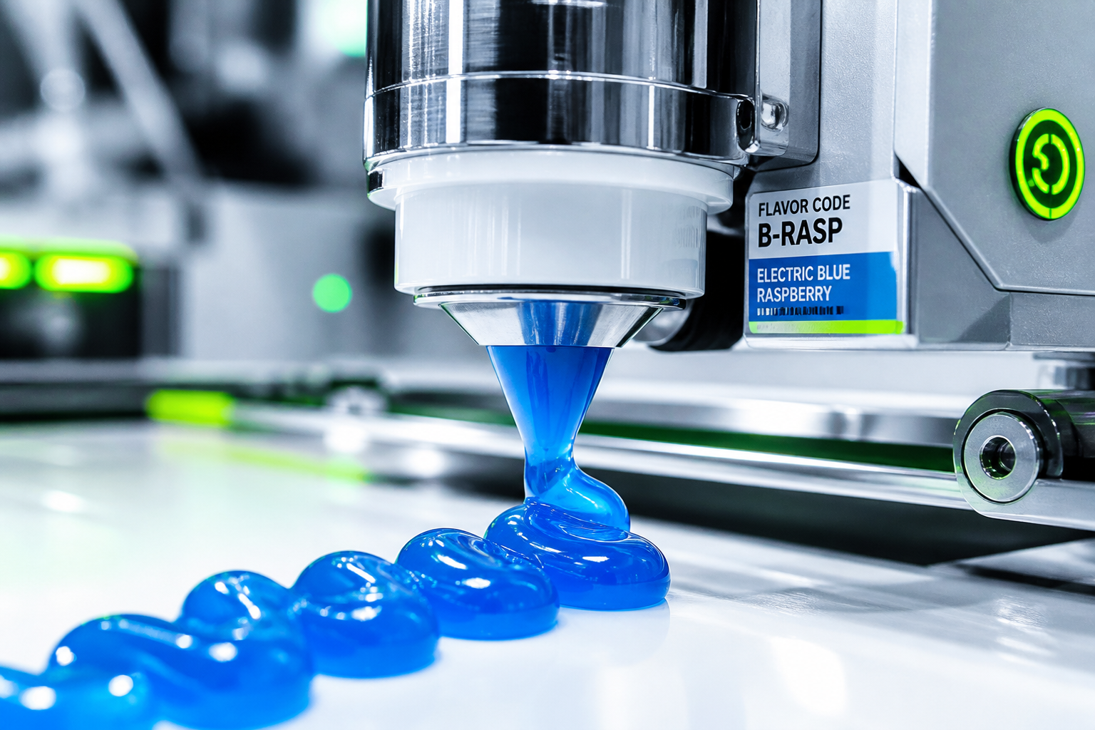 Polished extrusion nozzle releasing electric blue gel onto a white production surface