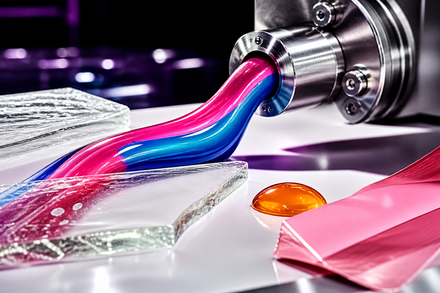 Glossy sugar-glass slabs and blue raspberry syrup extrusion on a white production surface