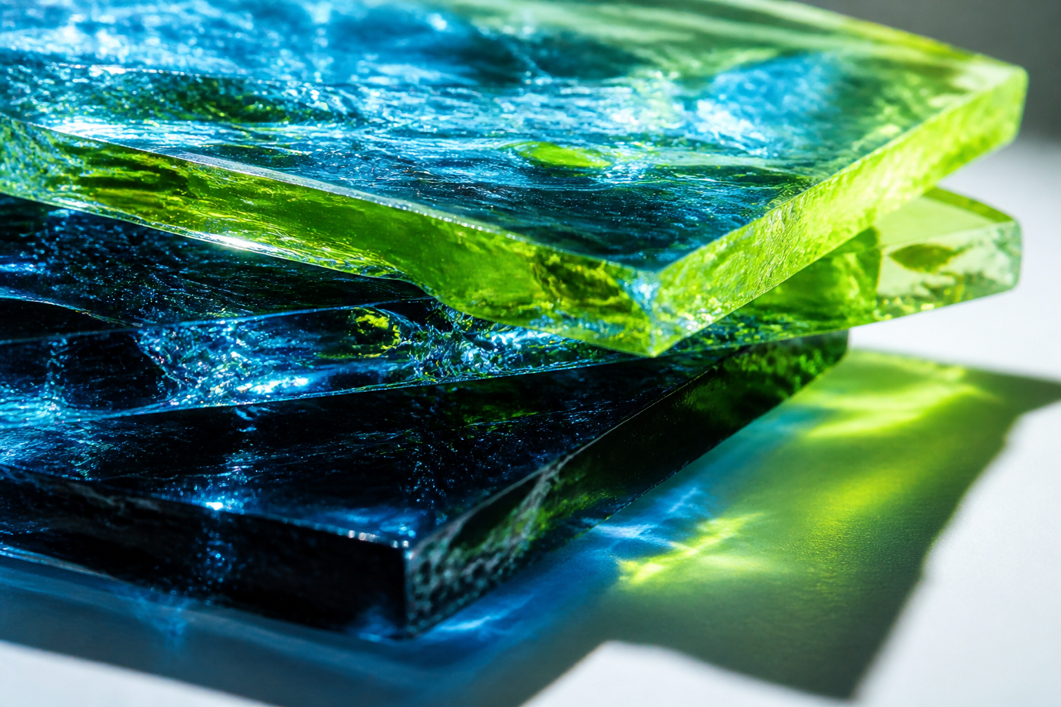Stacked sugar-glass slabs with blue and green refraction